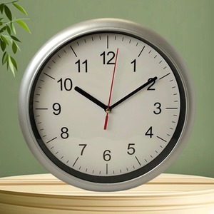 Silver Round Quartz Wall Clock Battery Operated 24cm Minimalistic - White & Silver by basiks