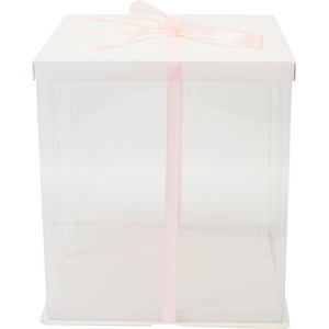 Transparent Cake Box with Ribbon - White / 30 x 30 x 35cm by Livingandhome