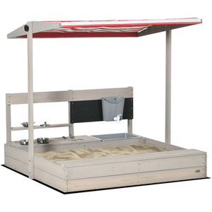 Outsunny Kids Wooden Sandbox with Canopy, Kitchen Toys, Seat, Storage - Grey by Outsunny