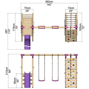 Wooden Double Swing Set with Climbing Wall and Slide - Jade by Rebo