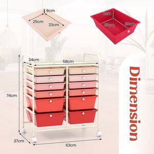 12 Drawers Rolling Storage Cart with 4 Wheels and Brakes - Gradient Pink by Costway