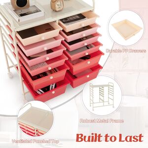 12 Drawers Rolling Storage Cart with 4 Wheels and Brakes - Gradient Pink by Costway