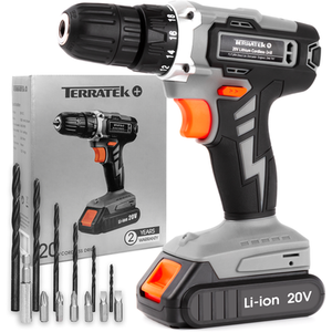 Cordless Drill 20V Li-Ion Fast Charge Electric 13pc Kit - Grey by Terratek