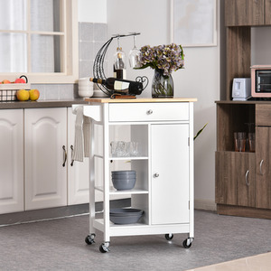HOMCOM Kitchen Trolley Cart Rolling Kitchen Island - Natural top and white by HOMCOM