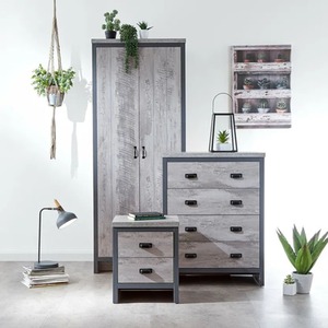 Oak 3 Piece Set 2 Door Wardrobe 4 Drawer Cabinet Bedside Table - Grey by Wyld and Coco