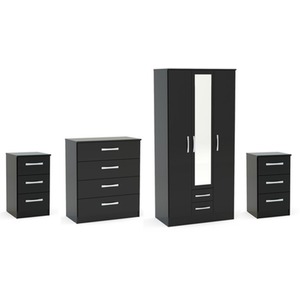 Wooden 4 Piece Furniture Set Wardrobe Chest of Drawers Bedsides Lynx - Black by Birlea