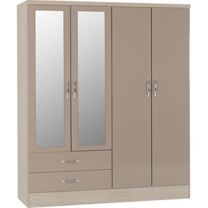 Nevada 4 Door 2 Drawer Mirrored Wardrobe Bedroom Set - Oyster Gloss, Light Oak by Seconique