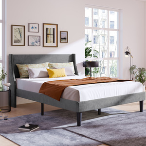 Upholstered Bed with Winged Headboard, Wood Slat Support - Grey by Abrihome