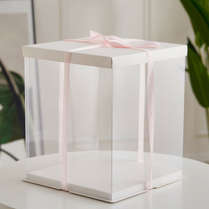 Transparent Cake Box with Ribbon - White / 30 x 30 x 35cm by Livingandhome