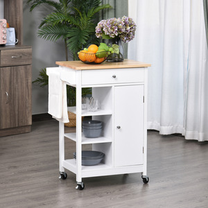 HOMCOM Kitchen Trolley Cart Rolling Kitchen Island - Natural top and white by HOMCOM