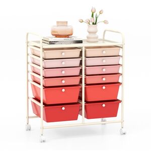 12 Drawers Rolling Storage Cart with 4 Wheels and Brakes - Gradient Pink by Costway