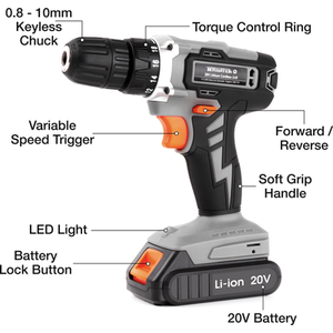 Cordless Drill 20V Li-Ion Fast Charge Electric 13pc Kit - Grey by Terratek