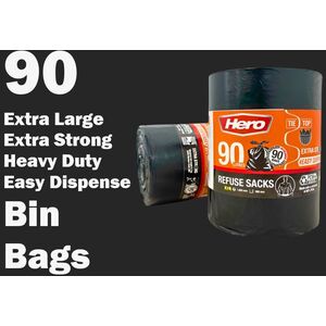 Hero 90L Tie Top Bin Bag Liners Extra Strong - Black by Hero