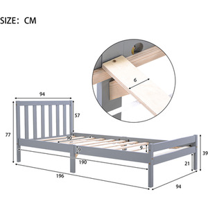 Solid Wooden Bed Frame for Adults Kids - Grey / 90cm by Abrihome