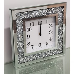 Square Wall Clock Crushed Diamante Crystal Mirror - Silver by DEENZ