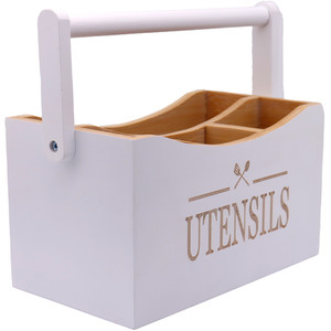 Bamboo Utensil Holder Caddy with Handle - White by Maison Des Cadeaux