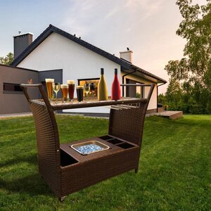 Rattan Serving Trolley Cart Bar Cart on Wheels with Removable Ice Bucket - Brown by Furniture One