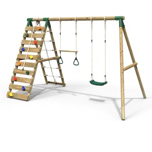 Wooden Double Swing Set with Trapeze Bar and Climbing Wall - Savannah by Rebo