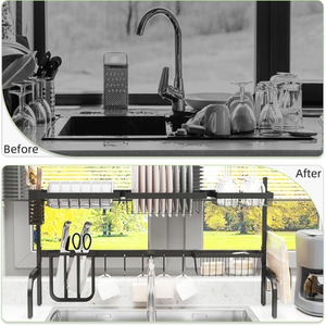 HOMCOM Space Saving 2 Tier Adjustable Over The Sink Dish Drying Rack - Black by HOMCOM