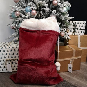 Christmas Present Sack with Faux Fur Trim and Pom Poms - Red by Samuel Alexander