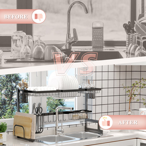 HOMCOM Space Saving 2 Tier Over The Sink Dish Drainer Rack - Black / 30cm / 93cm by HOMCOM