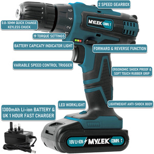 Cordless Drill with MYLEK 4ORCE Accessory Kit - Blue Black / 204 Pieces by Mylek