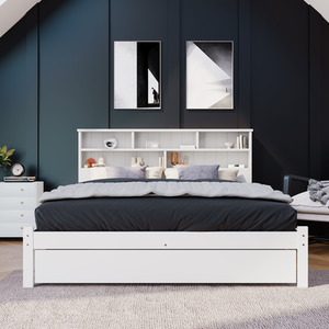 Wooden Storage Bed with shelves and Underbed Drawer - White / 145cm by Abrihome