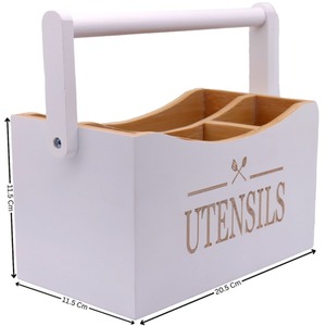 Bamboo Utensil Holder Caddy with Handle - White by Maison Des Cadeaux