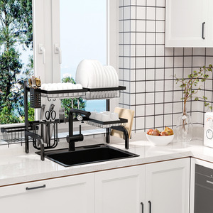 HOMCOM Space Saving 2 Tier Adjustable Over The Sink Dish Drying Rack - Black by HOMCOM