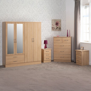 Nevada 4 Door 2 Drawer Mirrored Wardrobe Bedroom Set - Sonoma Oak by Seconique