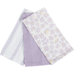 Pack of 3 Lilac Daisy Tea Towels - White and Lilac