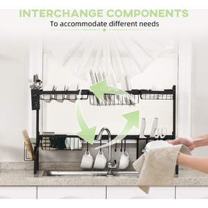 HOMCOM Space Saving 2 Tier Adjustable Over The Sink Dish Drying Rack - Black by HOMCOM