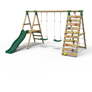 Wooden Double Swing Set with Climbing Wall and Slide - Jade by Rebo