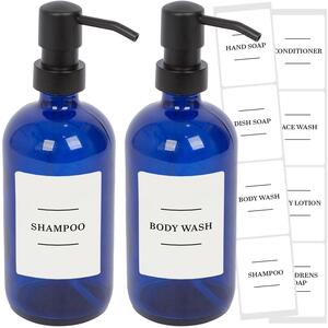 Glass Soap Dispensers with Labels - 500ml - White - Pack of 2 - Blue by Harbour Housewares