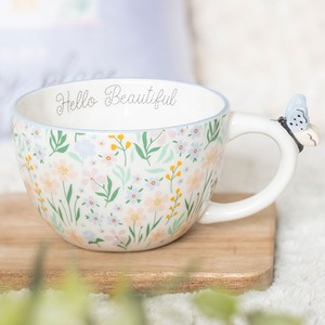 Hello Beautiful Ditsy Floral Print Mug with Butterfly - White by Gloriously Good