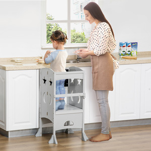 HOMCOM Kids Step Stool Toddler Kitchen Stool with Blackboard Lockable Handrail - Grey by HOMCOM
