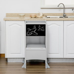 HOMCOM Kids Step Stool Toddler Kitchen Stool with Blackboard Lockable Handrail - Grey by HOMCOM