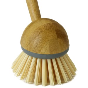 Round Bamboo Long Handle Washing Up Dish Brush - Yellow by JVL