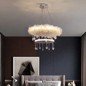 Double-Layer Feather LED Pendant Light with Crystals - White by Livingandhome