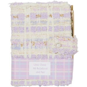 Lilac Check Fabric A6 Notebook and Pen - Purple