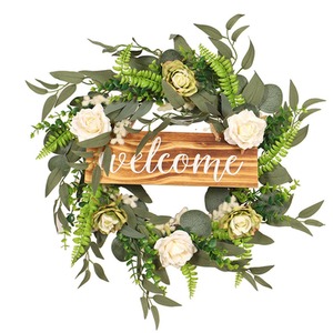 Artificial Realistic Rose Flower Wreath with Welcome - Green by Livingandhome