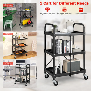 3-Tier Folding Trolley Cart - Black by Costway