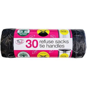 Pack of 30 Tidyz Tie Handle Refuse Sacks 50L - Black by Tidyz