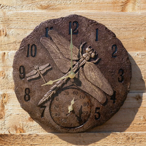 Garden Dragonfly Clock Stone Effect - Brown by Garden Mile