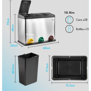 Recycling Kitchen Bin Stainless Steel 45L - Silver by VonHaus