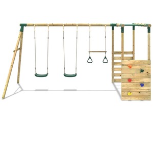 Wooden Swing Set with Trapeze, Climbing Wall and Monkey Bars - Comet by Rebo