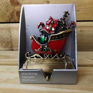 Festive Present Filled Sleigh Christmas Stocking Hanger - Red and Green by Samuel Alexander
