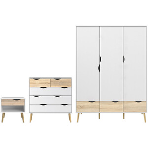 Oslo 3 Piece Bedroom Set - White and Oak / 1 x single drawer bedside, 1 x 5-drawer chest of drawers and 1 x 3-door 3-drawer wardrobe