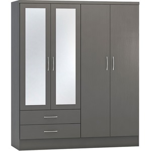 Nevada 4 Door 2 Drawer Mirrored Wardrobe Bedroom Set - 3D Effect Grey by Seconique
