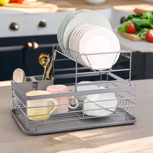 2 Tier Metal Dish Drainer with Draining Board - Silver by Livingandhome